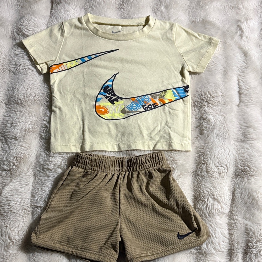 Nike Yellow Tee with Multicolor Swoosh and Matching Tan Shorts size 18m.